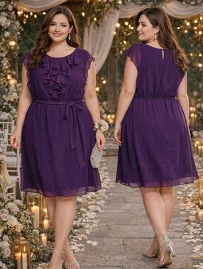 Emma & Michele Ruffle Chiffon Dress 18W Wedding Guest Tie Waist Flowy Plum